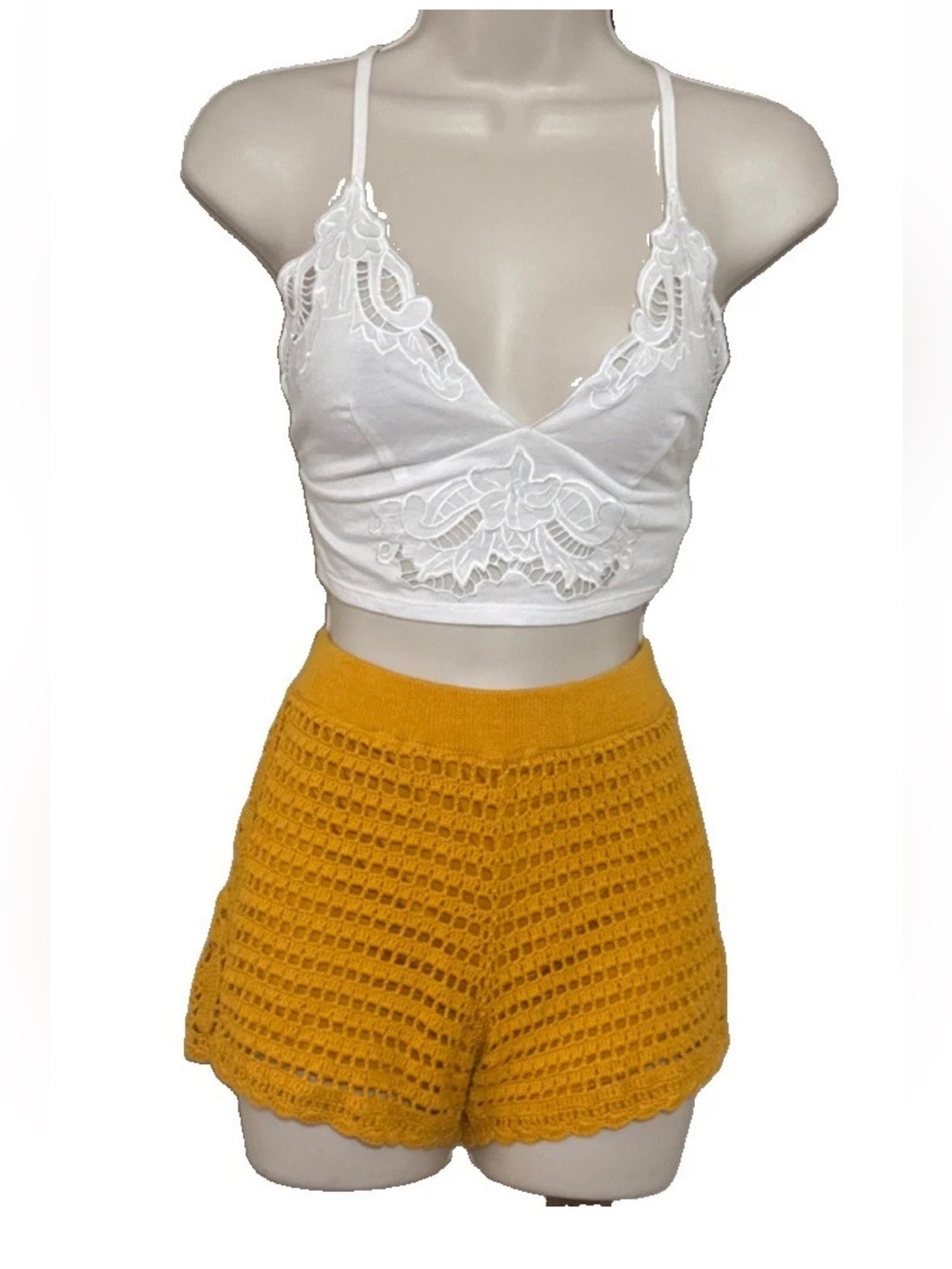 Forever 21 Crochet Knit Shorts Mustard Yellow Boho Summer Festival Size Medium
